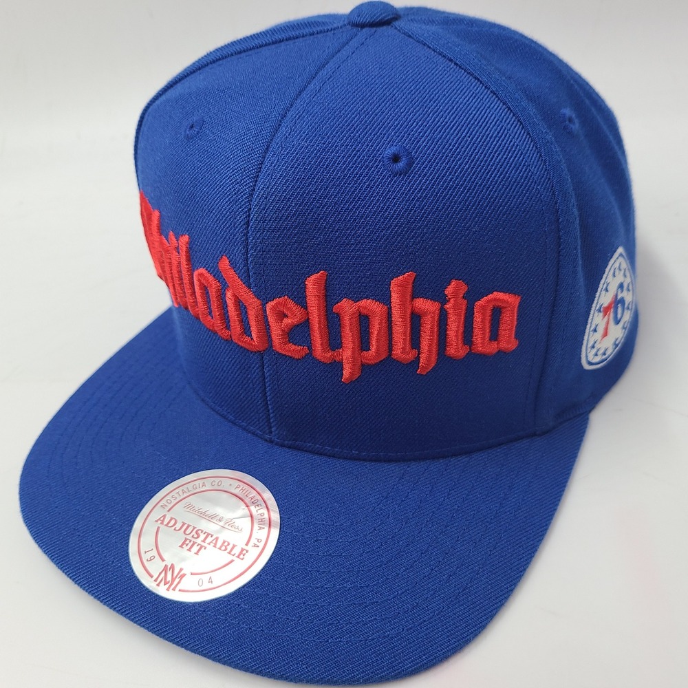 Philadelphia 76ers Hat Snapback Mitchell & Ness Blue Red NBA Script Wool Blend
